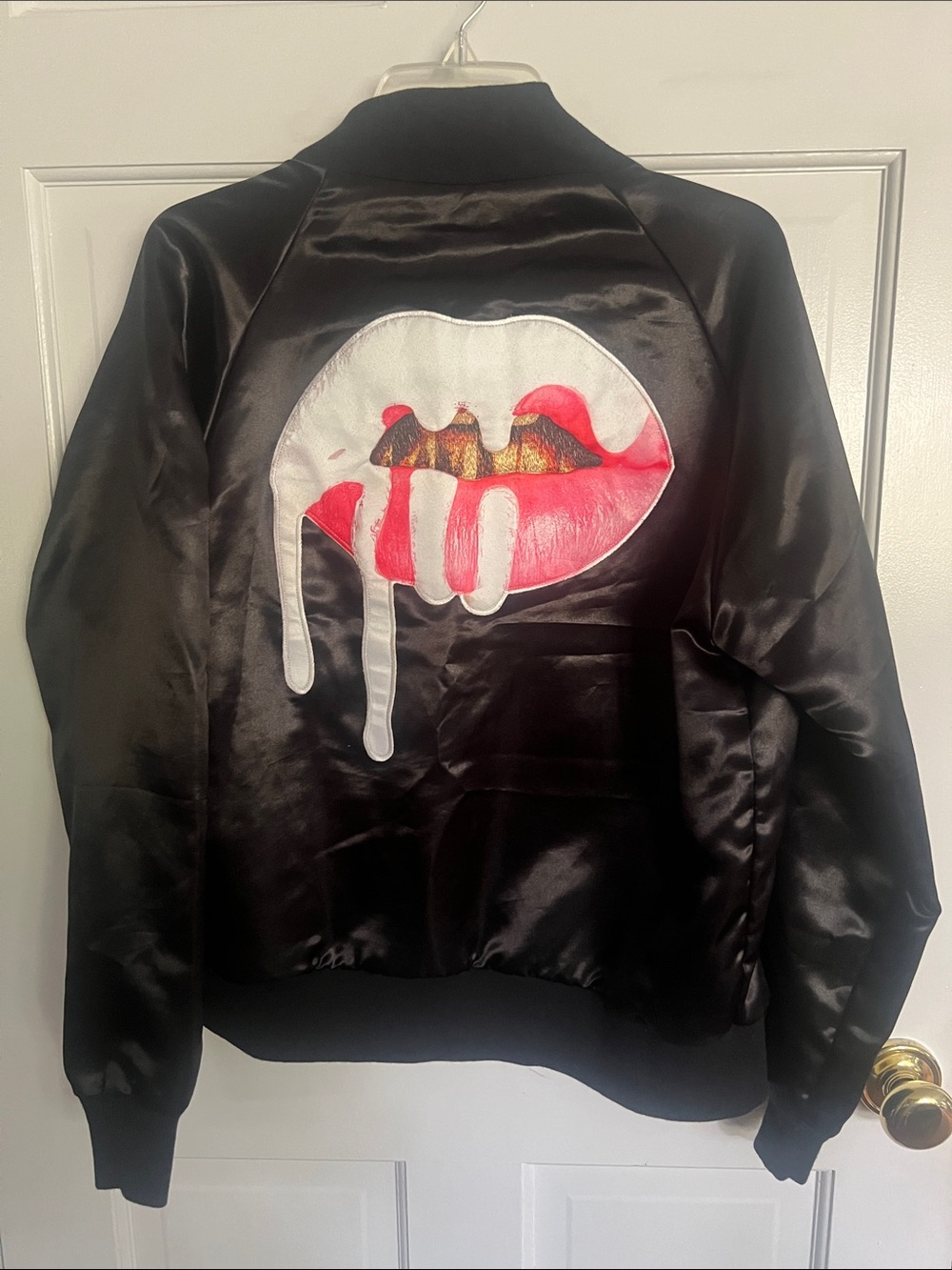 Black Satin Bomber Jacket with Red & White Dripping Lip Patch